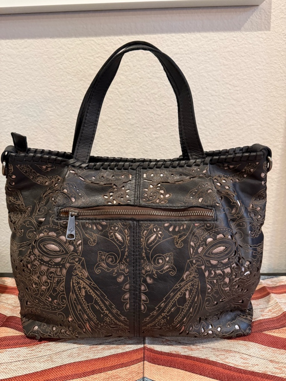 Patricia Nash Metallic Tooled Laser Lace Benvenuto Tote - Black - Picture 3 of 8
